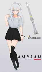 Rule 34 | 1girl, ahoge, aim-120 amraam, air-to-air missile, artist name, atamonica, beyond-visual-range missile, black skirt, blue eyes, blush, bracelet, character name, choker, commentary, commentary request, company name, full body, high heels, highres, jewelry, long hair, looking at viewer, missile, original, silver hair, skirt, surface-to-air missile, thighhighs