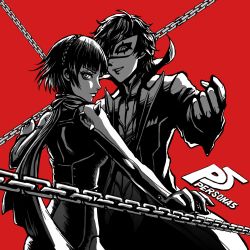 Rule 34 | 10s, 1boy, 1girl, amamiya ren, black hair, bodysuit, chain, copyright name, grin, limited palette, looking at viewer, mask, niijima makoto, omega (omega yang), persona, persona 5, red background, shadow, short hair, simple background, smile