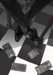 Rule 34 | 1boy, absurdres, black footwear, black pants, chair, chinese commentary, chinese text, commentary request, highres, justice (tarot), klein moretti, lord of the mysteries, out of frame, pants, shantianshiguoyu, socks, solo, tarot, the fool (tarot), the sun (tarot), tile floor, tiles, translation request, watermark