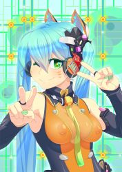 Rule 34 | 1girl, animal ears, bad id, bad pixiv id, blue hair, breasts, bridal gauntlets, cat ears, covered erect nipples, double v, green eyes, hatsune miku, headphones, long hair, medium breasts, nail polish, necktie, one eye closed, smile, solo, twintails, v, vocaloid, wink, zanma