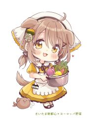 Rule 34 | 1girl, :d, ahoge, animal, animal ears, apron, black ribbon, blush, brown hair, character request, chibi, collared dress, cooking pot, dog, dog ears, dog girl, dog tail, dress, fang, food-themed hair ornament, food request, full body, hair between eyes, hair ornament, hairclip, head scarf, heart, highres, holding, long hair, low twintails, neck ribbon, open mouth, orange eyes, ribbon, sakura oriko, short sleeves, simple background, smile, solo, tail, takasaki-sen meguri, translation request, twintails, white apron, white background, wide sleeves, yellow dress