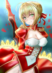 Rule 34 | 1girl, absurdres, aestus estus, ahoge, arms behind back, blonde hair, blue background, braid, braided bun, breasts, cleavage, cleavage cutout, closed mouth, clothing cutout, dress, epaulettes, fate/extra, fate/grand order, fate (series), green eyes, hair bun, hair intakes, hair ribbon, highres, holding, holding sword, holding weapon, large breasts, leotard, nero claudius (fate), nero claudius (fate) (all), nero claudius (fate/extra), petals, red dress, red ribbon, ribbon, rose petals, see-through, smile, solo, sword, weapon, white leotard, yukiaka
