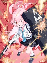 Rule 34 | 1girl, ahoge, beretta 1301, black footwear, black skirt, blue archive, blue necktie, chest harness, collared shirt, commentary, explosion, fighting, foreshortening, full body, gun, hair between eyes, hair flaps, halo, harness, highres, holding, holding gun, holding shield, holding weapon, hoshino (blue archive), huge ahoge, id card, long hair, long sleeves, looking at viewer, miniskirt, necktie, one eye closed, oozumi 03, open mouth, pink hair, pink halo, plaid, plaid skirt, pleated skirt, school uniform, shield, shirt, shirt tucked in, skirt, smile, smoke, socks, solo, very long hair, weapon, white shirt, white socks, yellow eyes
