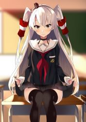 Rule 34 | amatsukaze (kancolle), black thighhighs, blurry, brown eyes, choker, depth of field, desk, hair tubes, hat, highres, itsui (dihydrogenmonoxid), kantai collection, mini hat, on desk, school uniform, silver hair, sitting, on desk, skirt, solo, thighhighs, two side up