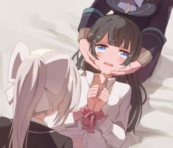 Rule 34 | 3girls, black hair, black jacket, blue eyes, blush, bound, bound wrists, collarbone, collared shirt, commentary request, crying, crying with eyes open, from above, hands on another&#039;s face, higuchi kaede, higuchi kaede (1st costume), jacket, jk gumi (nijisanji), lap pillow, long hair, long sleeves, looking at another, multiple girls, nijisanji, on bed, open mouth, partially unbuttoned, ponytail, red ribbon, ribbon, seiza, shirt, shizuka rin, shizuka rin (1st costume), sitting, sou (tuhut), tears, teeth, tsukino mito, tsukino mito (1st costume), upper teeth only, virtual youtuber, white hair, white shirt, yuri