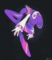 Rule 34 | 1other, androgynous, ballet, bent over, bodysuit, dark background, dynamic pose, flying, gloves, hat, highres, jessica mcginnis, jester, jester cap, long sleeves, looking at viewer, nights (character), nights into dreams, open mouth, sega, simple background, solo, surprised, vest, white gloves