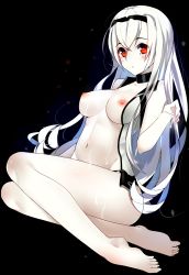 Rule 34 | 10s, 1girl, absurdres, abyssal ship, air defense princess, barefoot, black background, breasts, colored skin, full body, gin00, gloves, groin, hairband, highres, kantai collection, long hair, looking at viewer, navel, nipples, red eyes, simple background, sitting, solo, suggestive fluid, tears, very long hair, white hair, white skin, yokozuwari