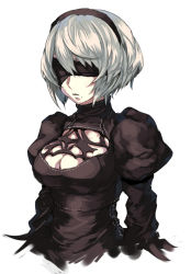 Rule 34 | 1girl, android, armor, bad id, bad pixiv id, blindfold, breasts, cleavage, cleavage cutout, clothing cutout, cropped torso, hair between eyes, kusanagi kikoku, mole, mole under mouth, nier (series), nier:automata, silver hair, simple background, solo, white background, 2b (nier:automata)