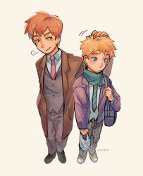 Rule 34 | 2boys, artist name, bag, black eyes, black footwear, blazer, blonde hair, blue eyes, blue scarf, brown jacket, buttoned cuffs, buttons, closed mouth, collared shirt, commentary, english commentary, esper-eclipse, formal, full body, grey pants, hanazawa teruki, hand on another&#039;s head, highres, holding strap, jacket, long sleeves, looking at another, male focus, mob psycho 100, multiple boys, necktie, open clothes, open jacket, orange hair, pants, pink necktie, purple jacket, reigen arataka, scarf, school bag, school uniform, shirt, shoes, short hair, shoulder bag, simple background, smile, standing, star (symbol), suit, white shirt