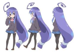 Rule 34 | 1girl, absurdly long hair, acchi kocchi, ahoge, artist request, ascot, blue hair, full body, jpeg artifacts, long hair, long sleeves, low-tied long hair, miniwa tsumiki, multiple views, pantyhose, shoes, skirt, standing, sweater, very long hair, white background