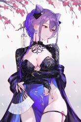 Rule 34 | 1girl, absurdres, alternate costume, blush, breasts, bridal gauntlets, china dress, chinese clothes, cleavage, closed mouth, cowboy shot, dress, earrings, falling petals, genshin impact, hair ornament, hand fan, highres, holding, holding fan, jewelry, keqing (genshin impact), large breasts, long hair, nail polish, paid reward available, petals, purple dress, purple eyes, purple hair, qiandaiyiyu, solo, thigh strap, thighs