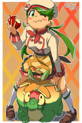 Rule 34 | 1girl, apple, appletun, apron, argyle, argyle background, argyle clothes, ascot, blush stickers, breasts, brown footwear, brown headwear, creatures (company), eating, food, fruit, game freak, gen 8 pokemon, green eyes, green hair, highres, holding, holding food, holding fruit, kneehighs, looking at viewer, mallow (palentine&#039;s 2023) (pokemon), mallow (pokemon), medium breasts, nintendo, official alternate costume, one eye closed, pokemon, pokemon (creature), pokemon masters ex, signature, socks, twintails, you bird