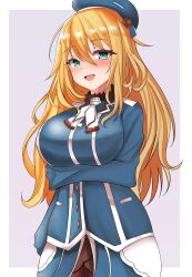 Rule 34 | 1girl, absurdres, atago (kancolle), beret, black gloves, black skirt, blonde hair, blue hat, blue jacket, border, breasts, cowboy shot, curvy, fur collar, gloves, hair between eyes, hat, highres, jacket, kantai collection, large breasts, long hair, looking at viewer, military, military uniform, open mouth, pantyhose, pink background, skirt, solo, tf cafe, uniform, white border