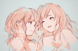 2girls bad_id bad_pixiv_id bare_shoulders blush eye_contact face-to-face long_hair looking_at_another lying monochrome multiple_girls on_side one_eye_closed open_mouth original sketch smile syou_(endemic_species) wink yuri