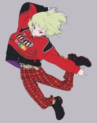 Rule 34 | 1boy, arm up, belt, casual, contemporary, earrings, green hair, hair between eyes, jacket, jewelry, lio fotia, long sleeves, m&amp;m&#039;s, male focus, pants, promare, purple eyes, shirikon, shirt, shoes, smile, sneakers, socks, solo, striped clothes, striped legwear, striped socks