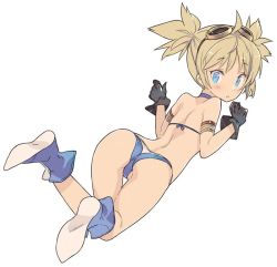 Rule 34 | 10s, 1girl, ass, bikini, blade (galaxist), blonde hair, blue eyes, blush, boots, choker, from behind, full body, gloves, goggles, goggles on head, granblue fantasy, looking back, pengie, short hair, short twintails, simple background, solo, swimsuit, twintails, white background