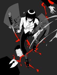 1boy 1girl black_hair blood bloody_weapon bob_cut cigarette coat collared_shirt commentary decapitation english_commentary faceless faceless_male formal_clothes from_above highres limbus_company long_sleeves looking_at_viewer monochrome off_shoulder pants project_moon red_eyes ryoshu_(project_moon) shaded_face shirt short_hair simple_background sitting smile smoking spot_color suit twendytwo weapon white_shirt