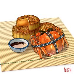 Rule 34 | absurdres, animal, bound, crab, crustacean, food, food focus, highres, jiumudao, makisu, mooncake, no humans, original, pastry, saucer, simple background, soy sauce, still life, tied up (nonsexual)