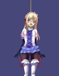 Rule 34 | 1girl, asphyxiation, bdsm, blonde hair, crying, crying with eyes open, drooling, empty eyes, flower, frilled thighhighs, frills, gloves, guro, hair flower, hair ornament, hairband, hanged, highres, lilith (u30eau30eau30b9), long hair, open mouth, pantyhose, peril, rope, saliva, sidelocks, simple background, skirt, solo, tagme, tears, teeth, thighhighs