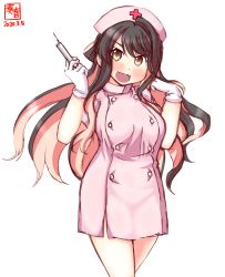 Rule 34 | 1girl, alternate costume, artist logo, black hair, commentary request, cowboy shot, dated, dress, fang, gloves, hat, head tilt, highres, holding, holding syringe, kanon (kurogane knights), kantai collection, long hair, looking at viewer, multicolored hair, naganami (kancolle), nurse, nurse cap, open mouth, pink dress, pink hair, simple background, skin fang, smile, solo, syringe, two-tone hair, wavy hair, white background, white gloves