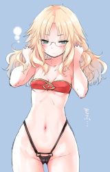 Rule 34 | 1girl, bandeau, blonde hair, blue background, blush, breasts, cowboy shot, cutoff jeans, cutoffs, embarrassed, fate/apocrypha, fate/grand order, fate (series), glasses, gluteal fold, green eyes, groin, hair down, hands in hair, long hair, mordred (fate), mordred (fate/apocrypha), mozu (peth), navel, small breasts, solo