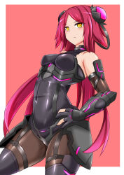 Rule 34 | 1girl, action taimanin, amashirotenna, black bodysuit, blush, bodysuit, breasts, covered navel, garter straps, hand on own hip, headgear, highres, long hair, looking at viewer, medium breasts, midriff, red hair, shiny clothes, skin tight, solo, standing, su jinlei, taimanin (series), taimanin asagi, taimanin suit, thighhighs, yellow eyes