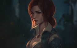 Rule 34 | 1girl, breasts, cleavage, embers, hair bun, highres, jewelry, necklace, raikoart, red hair, single hair bun, solo, the witcher (series), the witcher 3, triss merigold