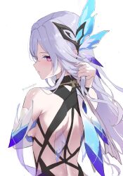 Rule 34 | 1girl, absurdres, bare back, bare shoulders, breasts, commentary request, from behind, genshin impact, grey hair, hair ornament, highres, long hair, looking at viewer, looking back, medium breasts, purple eyes, simple background, skirk (genshin impact), solo, upper body, very long hair, vitashogun, white background