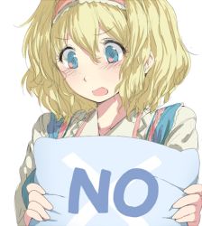 Rule 34 | 1girl, alice margatroid, blonde hair, blue eyes, blush, geppewi, hairband, no, open mouth, pillow, short hair, simple background, solo, touhou, upper body, white background, yes-no pillow