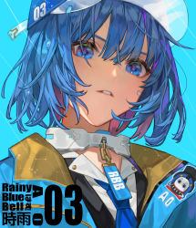 Rule 34 | 1girl, bad id, bad pixiv id, baseball cap, black jacket, blue (rbb), blue background, blue coat, blue eyes, blue hair, blue hat, blue necktie, blue theme, bob cut, chyoel, clothes writing, coat, collar, collared shirt, commentary, copyright name, hat, hexagon, jacket, looking at viewer, looking down, necktie, parted lips, portrait, rain, rainybluebell, shirt, short hair, simple background, solo, transparent, water drop, wet, wet hair, white shirt