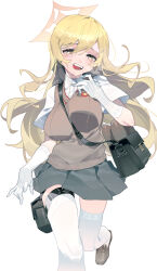 Rule 34 | 1girl, bag, blonde hair, blue archive, breasts, brown footwear, brown sweater vest, collared shirt, elbow gloves, exhausted, gloves, grey skirt, halo, handbag, holster, large breasts, loafers, long hair, looking at viewer, omurice (304975636), open mouth, pleated skirt, running, school emblem, school uniform, shirt, shoes, shokuhou misaki, skirt, sparkling eyes, spider web print, summer uniform, sweater vest, tearing up, teeth, thigh holster, thighhighs, toaru kagaku no railgun, toaru majutsu no index, tokiwadai school uniform, upper teeth only, white background, white gloves, white shirt, white thighhighs