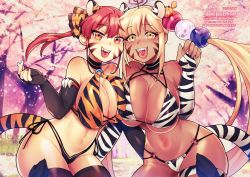 Rule 34 | 2girls, absurdres, alternate costume, animal ears, animal print, bikini, black gloves, black legwear, blonde hair, breasts, cherry blossoms, chinese zodiac, cropped legs, dark-skinned female, dark skin, elbow gloves, english text, fake animal ears, fake tail, fangs, fingerless gloves, gloves, hair ornament, heterochromia, highres, holocouncil, hololive, hololive english, houshou marine, large breasts, multiple girls, open mouth, planet hair ornament, poponkann, print gloves, red eyes, striped bikini, striped clothes, swimsuit, tail, thighhighs, thighlet, thighs, tiger print, tiger tail, tongue, tree, tsukumo sana, twintails, virtual youtuber, year of the tiger, yellow eyes
