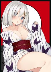 Rule 34 | 10s, 1girl, absurdres, bad id, bad twitter id, bare legs, bare shoulders, blue eyes, blush, breasts, cleavage, female focus, hair between eyes, hair ornament, hairclip, hamakaze (kancolle), highres, japanese clothes, kantai collection, kimono, kou mashiro, large breasts, obi, off shoulder, sash, silver hair, simple background, solo, yukata