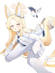Rule 34 | 1girl, :d, animal ear fluff, animal ears, bird, blonde hair, blue archive, blush, commentary request, cruciform halo, dress, feet, feet up, flower wreath, foot focus, forehead, fox ears, grabbing own tail, gradient eyes, halo, highres, long hair, looking at viewer, multicolored eyes, no shoes, open mouth, orange eyes, pantyhose, ro/ku, seia (blue archive), sleeve bow, sleeves past fingers, sleeves past wrists, smile, soles, solo, striped clothes, striped pantyhose, tit (bird), vertical-striped clothes, vertical-striped pantyhose, white bird, white dress, white pantyhose, yellow eyes, yellow halo