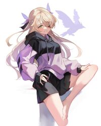 Rule 34 | 1girl, absurdres, black hoodie, blonde hair, blush, bow, breasts, casual, chuunibyou, commentary request, eyepatch, fischl (genshin impact), genshin impact, green eyes, grin, hair ribbon, hand on own hip, hand on own thigh, highres, hood, hood down, hoodie, long hair, long sleeves, looking at viewer, lumo 1121, medium breasts, oz (genshin impact), purple hoodie, ribbon, silhouette, simple background, sitting, smile, solo, teeth, two-tone hoodie, white background