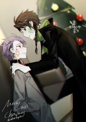 Rule 34 | 2boys, absurdres, black coat, black pants, black sweater, braid, brown hair, chinese commentary, christmas tree, coat, commentary request, green scarf, grey coat, grey shirt, hands in pockets, hands on another&#039;s shoulders, harada minoru, highres, indoors, kyoko (akakikyoko), light particles, long sleeves, male focus, merry christmas, multiple boys, open clothes, open coat, pale skin, pants, purple hair, red eyes, saibou shinkyoku, scarf, shirt, short hair, side braid, smile, sweater, theodore riddle, turtleneck, turtleneck sweater, yellow pants