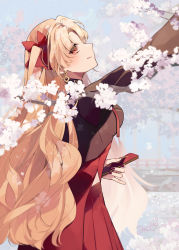 Rule 34 | 1girl, absurdres, arm up, blonde hair, bow, branch, cowboy shot, day, earrings, ereshkigal (fate), ereshkigal (youming niangniang) (fate), eyes visible through hair, fate/grand order, fate (series), flower, folded fan, folding fan, from side, hair bow, hand fan, high collar, highres, holding, holding fan, jewelry, long hair, long sleeves, looking away, looking up, misaki346, nail polish, outdoors, parted bangs, pinky out, profile, reaching, red bow, red eyes, red nails, signature, smile, solo, tassel, two side up, very long hair, vietnamese dress