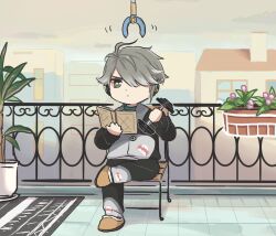 Rule 34 | 1boy, ahoge, alhaitham (genshin impact), alternate costume, artist name, balcony, book, building, carpet, chibi, cloud, commentary, contemporary, dumbbell, dusk, exercising, expressionless, genshin impact, green eyes, grey hair, hair over one eye, headphones, highres, holding, holding book, loungewear, on chair, outdoors, plant, potted plant, reading, shark print, sitting, slippers, solo, swept bangs, symbol-only commentary, wooden chair, xinzoruo