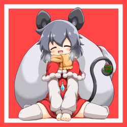Rule 34 | 1girl, absurdres, animal ears, closed eyes, gift, grey hair, highres, liner41, long sleeves, mouse ears, mouse girl, mouse tail, nazrin, red background, red eyes, sack, santa costume, scarf, sitting, smile, solo, tail, touhou, yellow scarf