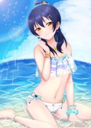 Rule 34 | 1girl, absurdres, alternate hairstyle, bangle, barefoot, beach, between legs, bikini, blue hair, blush, bracelet, day, earrings, frilled bikini, frills, hair ornament, hairclip, hand between legs, highres, jewelry, long hair, looking at viewer, love live!, love live! school idol project, marine day, navel, necklace, ocean, ponytail, shorts, side-tie bikini bottom, sitting, sky-blue1104, smile, solo, sonoda umi, swept bangs, swimsuit, wariza, water, yellow eyes