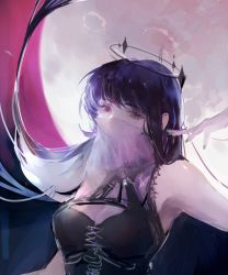 Rule 34 | 1girl, 300886, armpits, arms up, black dress, black hair, black halo, black veil, breasts, chinese commentary, cleavage, commentary request, dark halo, dress, evernight goddess, halo, highres, long hair, looking at viewer, lord of the mysteries, moon, nail polish, night, red eyes, red moon, veil