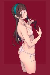 Rule 34 | 1girl, alternate costume, ass, bare arms, bare shoulders, bikini, black hair, blush, breasts, closed mouth, collarbone, commentary request, cowboy shot, cropped legs, from above, from side, glasses, green eyes, hairband, halterneck, highres, kantai collection, long hair, looking at viewer, ooyodo (kancolle), red background, semi-rimless eyewear, side-tie bikini bottom, simple background, small breasts, smile, solo, string bikini, swimsuit, under-rim eyewear, white bikini, yuuji (and)
