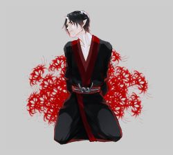 Rule 34 | 1boy, anny99943, black hair, chinese lantern (plant), frown, full body, grey background, hoozuki (hoozuki no reitetsu), hoozuki no reitetsu, horns, japanese clothes, looking to the side, male focus, oni horns, pointy ears, red eyes, simple background, single horn, sitting, solo