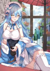 Rule 34 | 1girl, absurdres, ahoge, bare shoulders, blue hair, blush, bottle, bow, bowtie, braid, breasts, cleavage, cup, detached collar, elf, flower, frilled skirt, frilled thighhighs, frills, fur-trimmed jacket, fur trim, hair flower, hair ornament, half updo, hat, highres, holding, holding cup, hololive, jacket, large breasts, off shoulder, oil-paper umbrella, parted lips, pointy ears, ringopan, sake bottle, sitting, skirt, smile, solo, thighhighs, umbrella, virtual youtuber, white hat, white thighhighs, wide sleeves, window, yellow eyes, yokozuwari, yukihana lamy