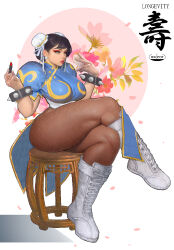 Rule 34 | 1girl, boots, bracelet, breasts, capcom, china dress, chinese clothes, chun-li, cosmetics, crossed legs, double bun, dress, floral background, hair bun, hair ornament, hair ribbon, holding, holding lipstick tube, ickpot, jewelry, large breasts, lipstick, lipstick tube, makeup, muscular, muscular female, pantyhose, ribbon, sitting, solo, spiked bracelet, spikes, street fighter, thick thighs, thighs, toned, white footwear