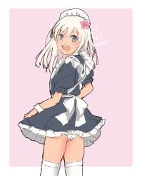 Rule 34 | 1girl, alternate costume, apron, ass, black dress, blonde hair, border, commentary request, dress, enmaided, frilled apron, frills, green eyes, highres, kantai collection, long hair, looking at viewer, maid, maid apron, maid headdress, mochizou, one-hour drawing challenge, open mouth, panties, pink background, ro-500 (kancolle), solo, tan, teeth, thighhighs, two-tone background, underwear, upper teeth only, white apron, white border, white panties, white thighhighs