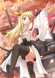 Rule 34 | 1girl, armpits, bare shoulders, black thighhighs, blonde hair, blush, boots, cannon, cosplay, detached sleeves, frilled skirt, frills, hair ornament, hairband, hairclip, headband, highres, japanese clothes, kantai collection, kazenokaze, kin-iro mosaic, kongou (kancolle), kongou (kancolle) (cosplay), kujou karen, long hair, nontraditional miko, open mouth, outstretched arm, personification, purple eyes, shoes, skirt, solo, standing, thigh boots, thighhighs, touyama nao, voice actor connection, wide sleeves, x hair ornament