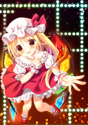Rule 34 | 1girl, bad id, bad pixiv id, blonde hair, bow, fang, flandre scarlet, gradient background, hat, hat bow, mob cap, moi (licoco), open mouth, pointing, polka dot, polka dot background, red eyes, side ponytail, solo, touhou, wings, wrist cuffs