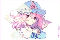Rule 34 | 1girl, blue dress, blue hat, blue ribbon, breasts, commentary, commentary request, dated, dress, frilled shirt collar, frills, hair between eyes, hat, head tilt, looking at viewer, medium breasts, mob cap, mochacot, neck ribbon, pink eyes, pink hair, puffy sleeves, ribbon, ribbon-trimmed collar, ribbon trim, saigyouji yuyuko, short hair, simple background, solo, symbol-only commentary, touhou, triangular headpiece, upper body, veil, white background