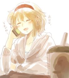 Rule 34 | 1girl, alice margatroid, alternate costume, bad id, bad twitter id, blonde hair, blush, cellphone, contemporary, earrings, closed eyes, hairband, jewelry, menbou (nonnontako), open mouth, phone, short hair, solo, touhou
